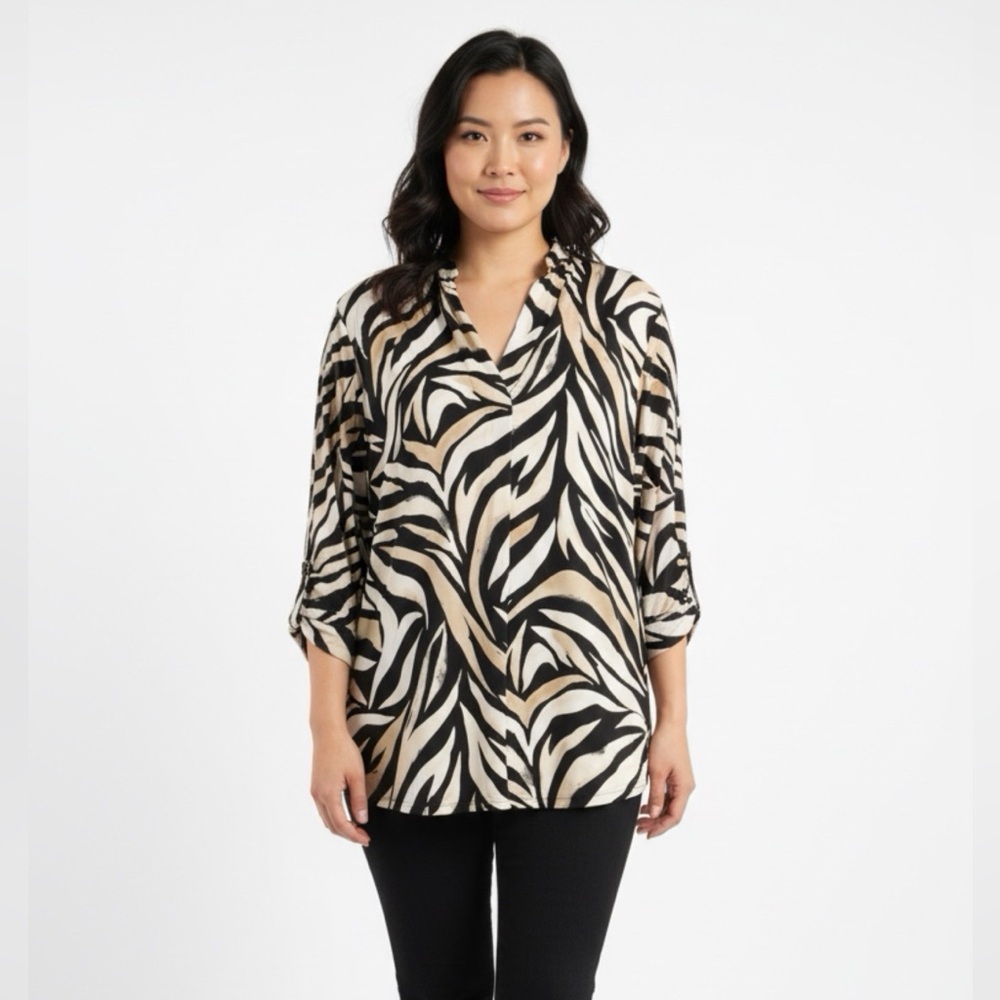 JM Collection Zebra Pattern Blouse - Black, White, Tan - XL